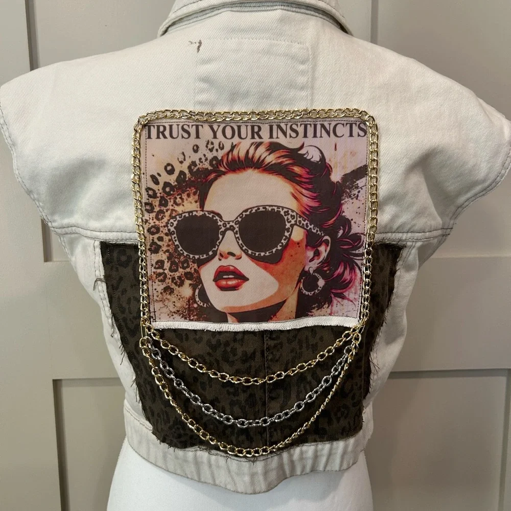 Upcycled Happily Grey Women’s Vest with Graphic Back Panel and Chain Accents - Picture 1 of 4